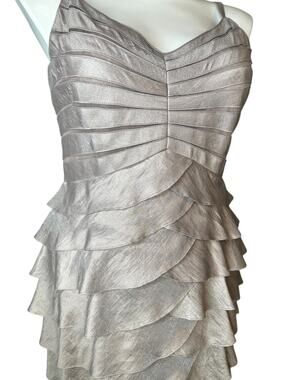 Adrianna Papell Occasions Tiered Ruffle Evening Dress 14W Champagne Formal Gown